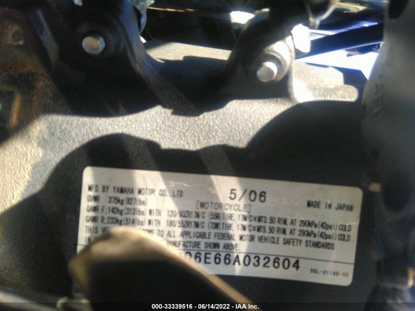 2006 YAMAHA YZFR6 L JYARJ06E66A032604