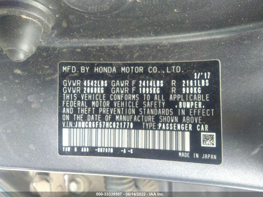 2017 HONDA ACCORD HYBRID HYBRID/EXL JHMCR6F57HC021770