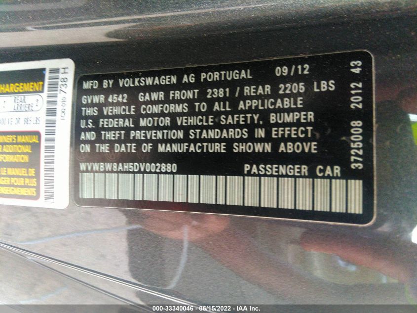 2013 VOLKSWAGEN EOS KOMFORT WVWBW8AH5DV002880