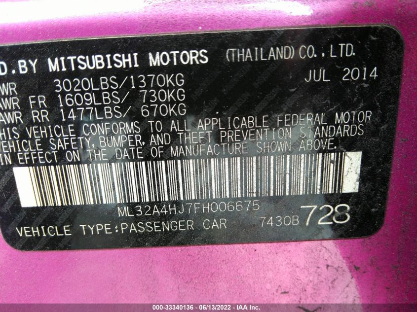 2015 MITSUBISHI MIRAGE ES/RF ML32A4HJ7FH006675
