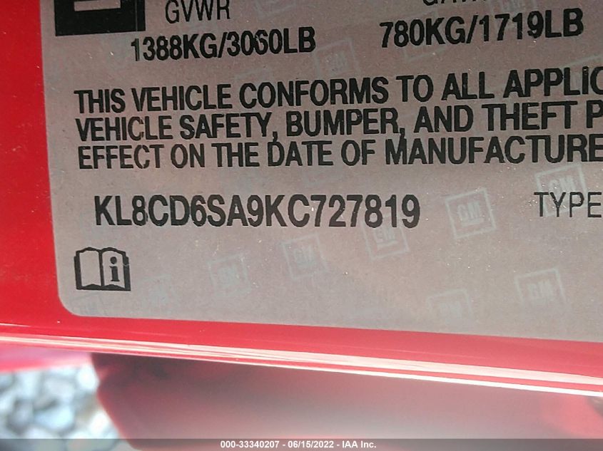2019 CHEVROLET SPARK LT KL8CD6SA9KC727819