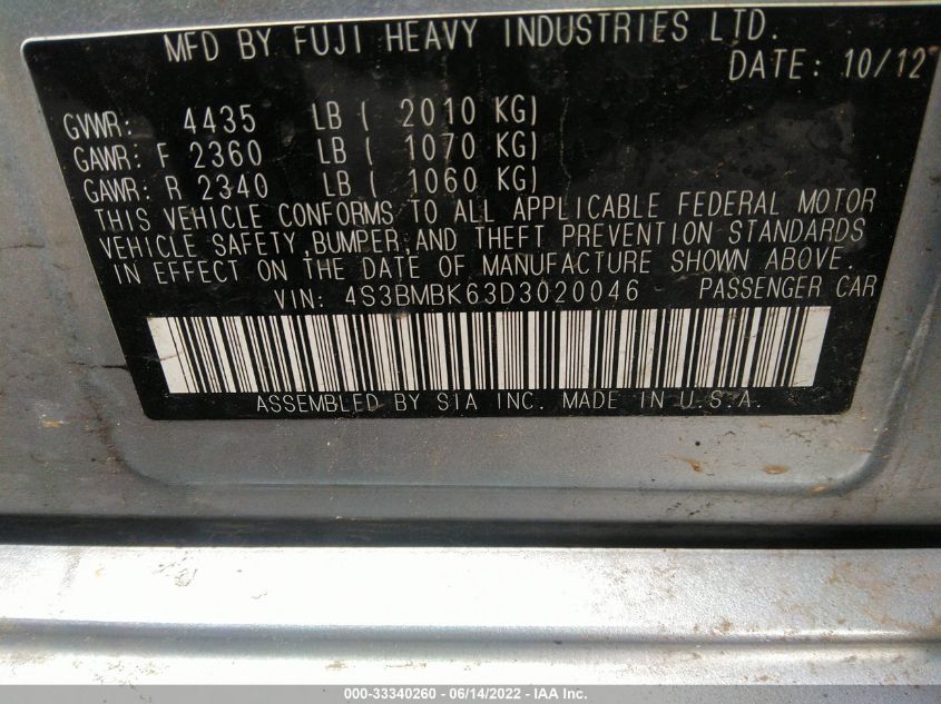 2013 SUBARU LEGACY 2.5I LIMITED 4S3BMBK63D3020046