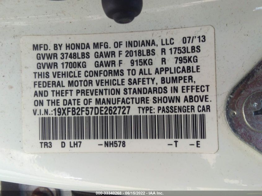 2013 HONDA CIVIC SDN LX 19XFB2F57DE262727