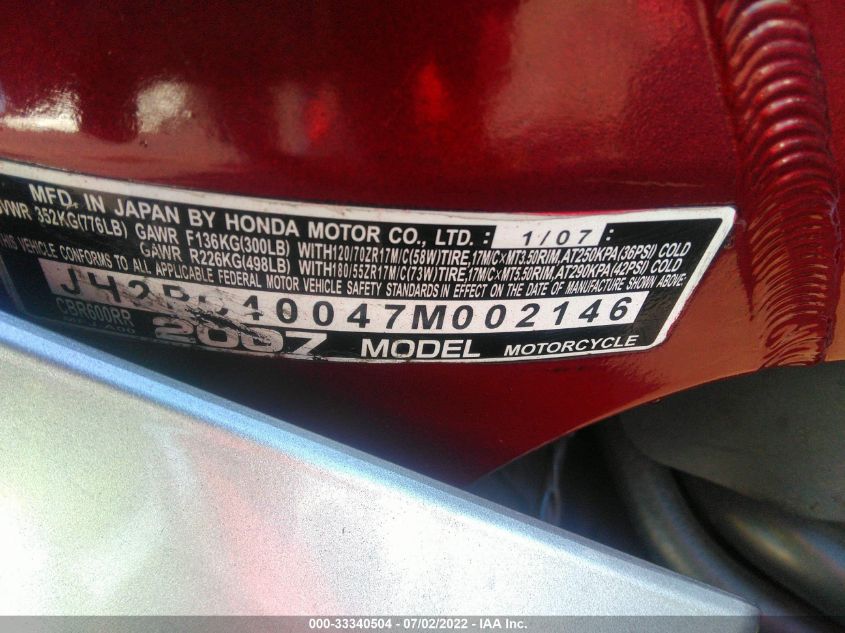 2007 HONDA CBR600 RR JH2PC40047M002146