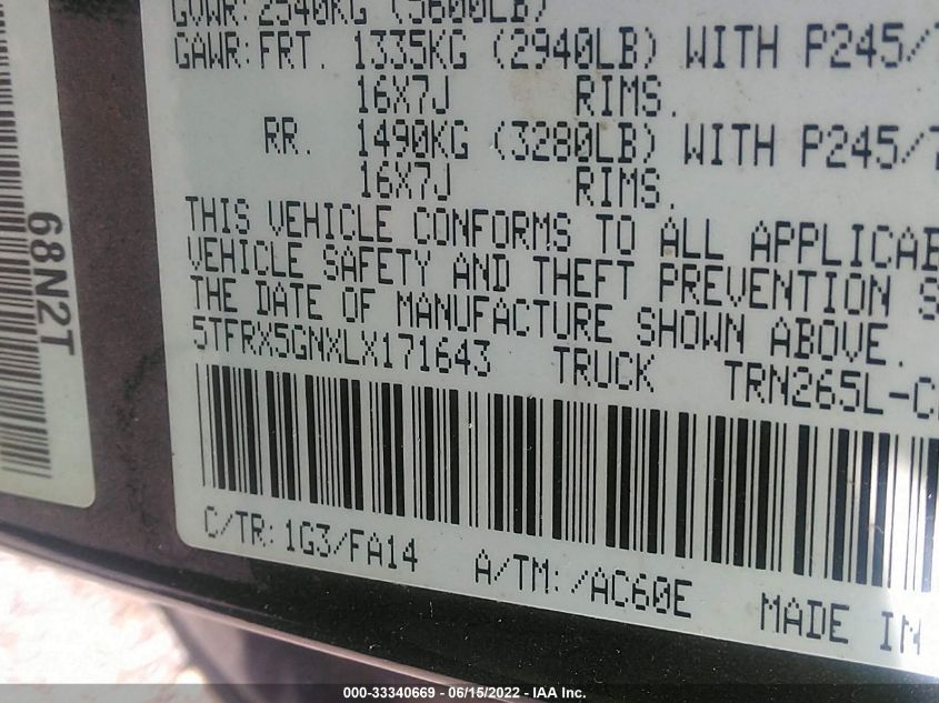 2020 TOYOTA TACOMA 2WD SR/SR5 5TFRX5GNXLX171643
