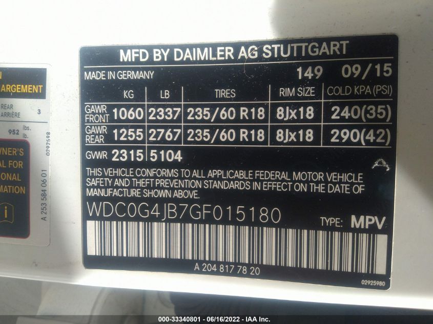 2016 MERCEDES-BENZ GLC GLC 300 WDC0G4JB7GF015180