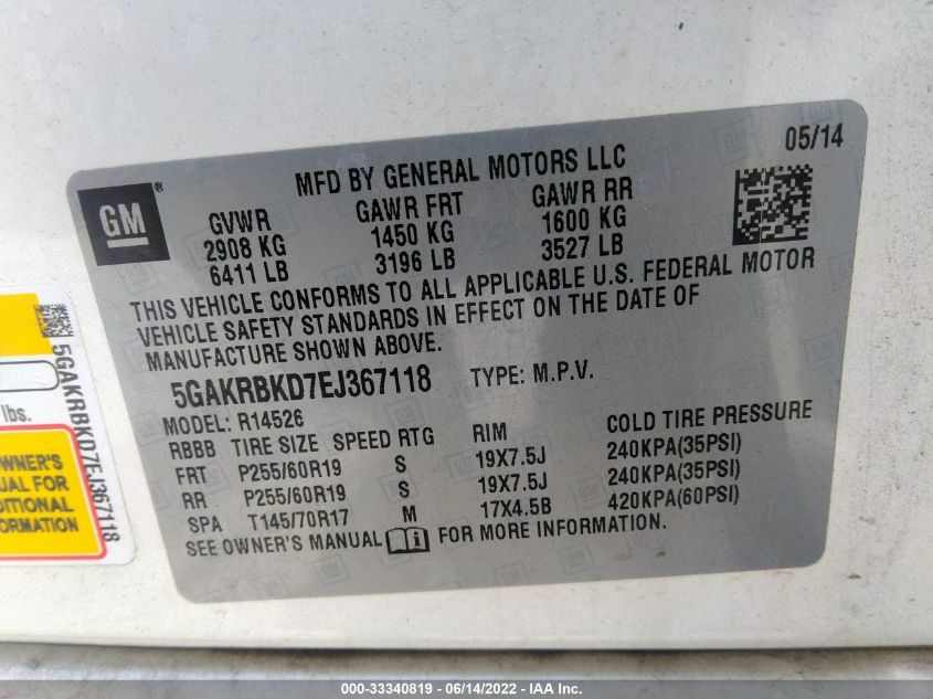 2014 BUICK ENCLAVE LEATHER 5GAKRBKD7EJ367118