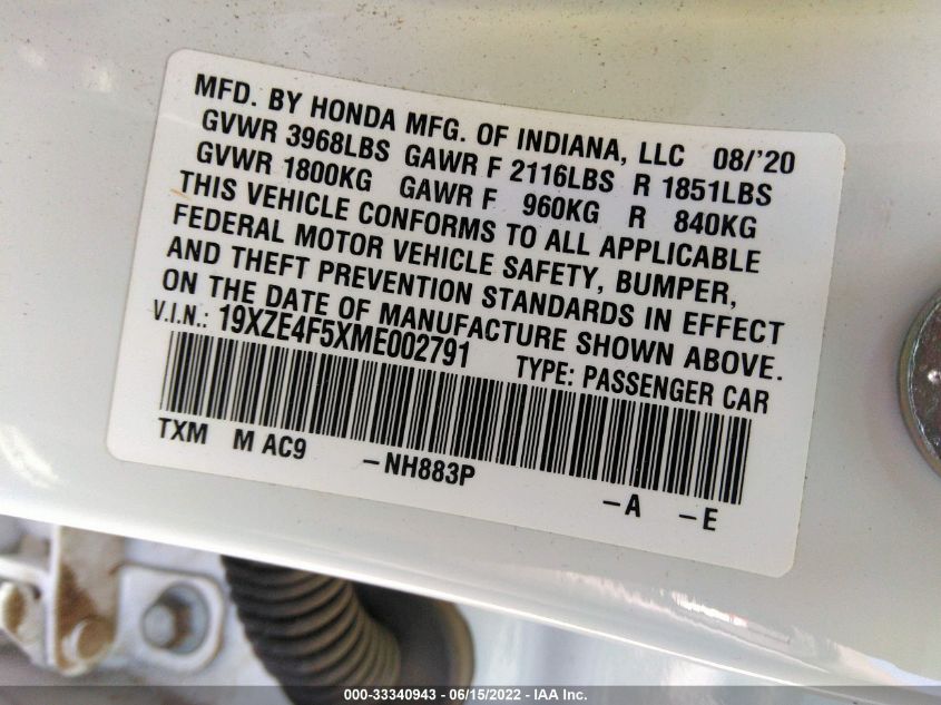 2021 HONDA INSIGHT EX 19XZE4F5XME002791