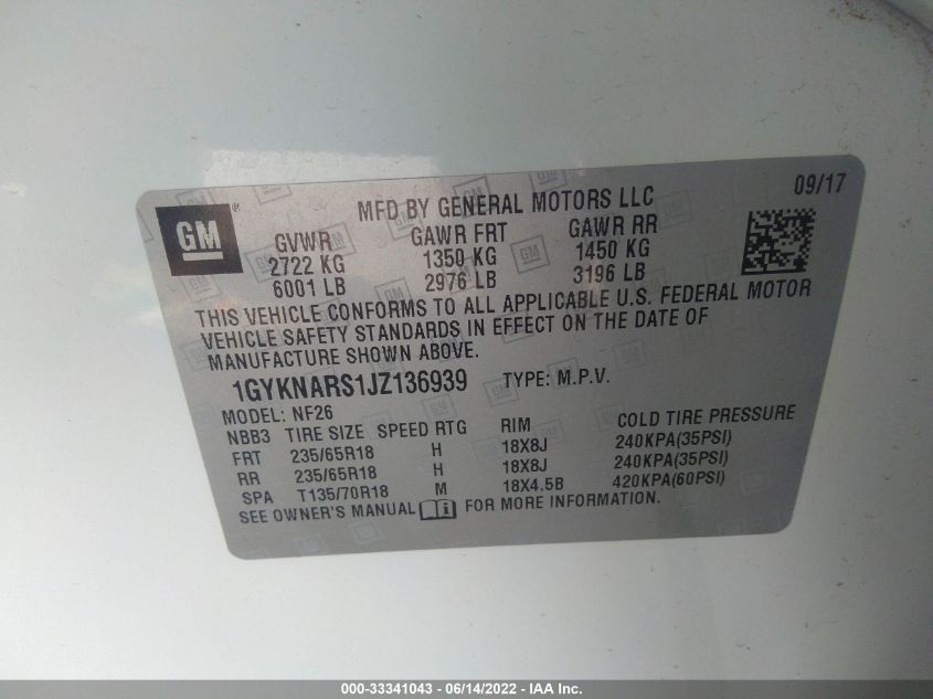 2018 CADILLAC XT5 FWD 1GYKNARS1JZ136939