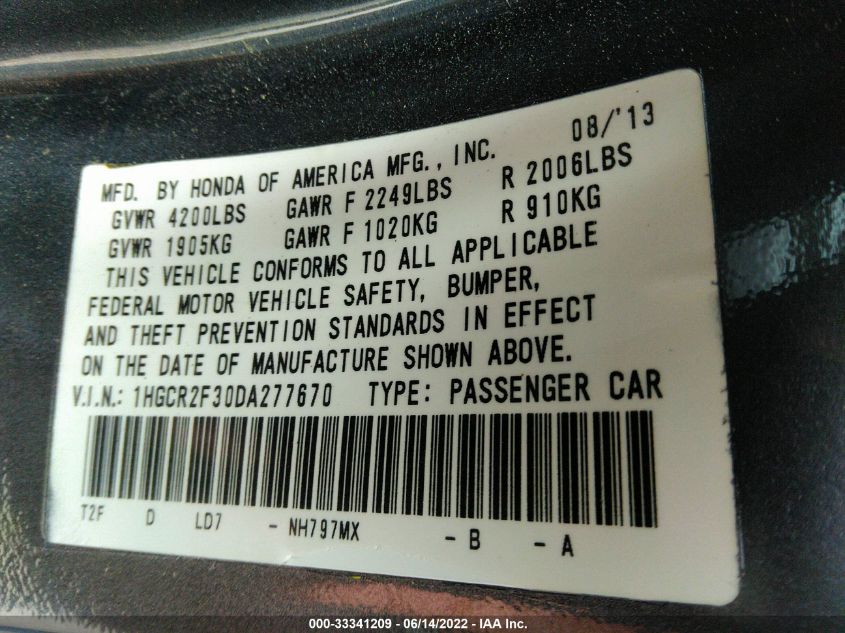 2013 HONDA ACCORD LX - 1HGCR2F30DA277670