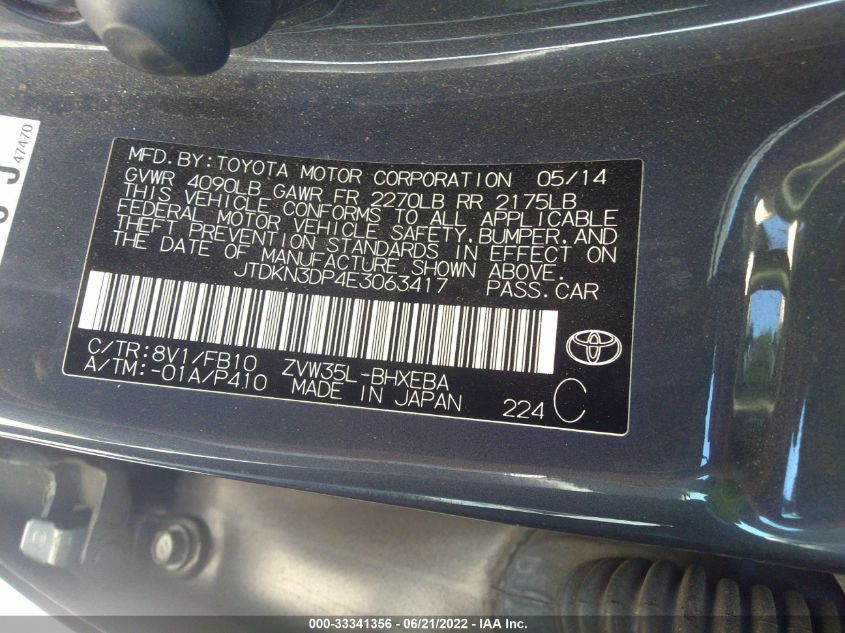 2014 TOYOTA PRIUS PLUG-IN JTDKN3DP4E3063417