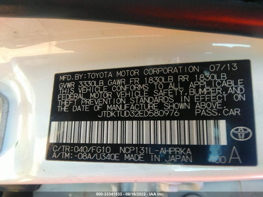 2014 TOYOTA YARIS JTDKTUD32ED580976