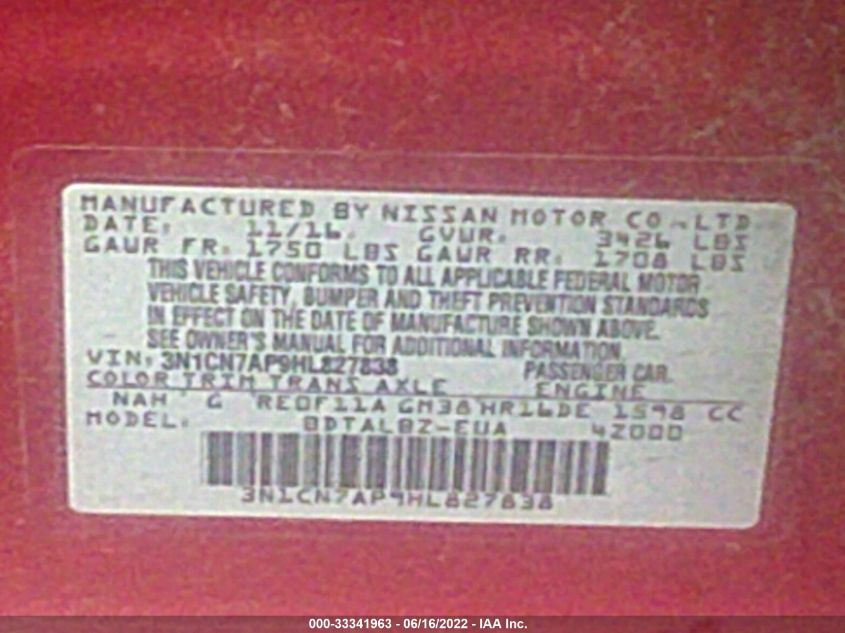 2017 NISSAN VERSA SEDAN SV 3N1CN7AP9HL827838