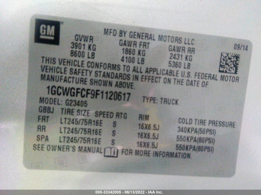 2015 CHEVROLET EXPRESS CARGO VAN 1GCWGFCF9F1120617
