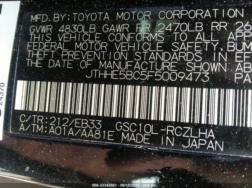2015 LEXUS RC 350 JTHHE5BC5F5009473