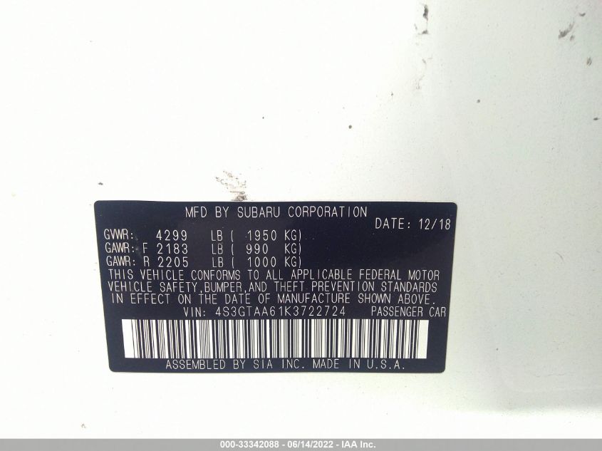 2019 SUBARU IMPREZA 4S3GTAA61K3722724