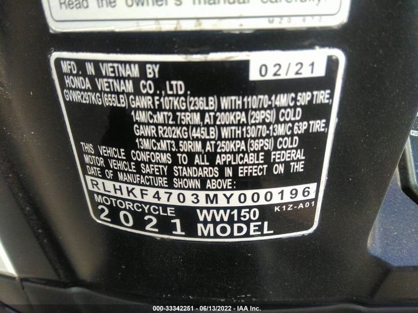 2021 HONDA WW150 RLHKF4703MY000196