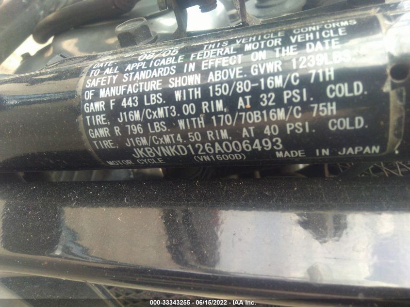 2006 KAWASAKI VN1600 D6F JKBVNKD126A006493