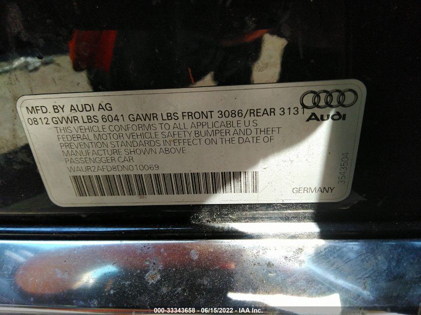 2013 AUDI A8 L 4.0L WAUR2AFD8DN010069