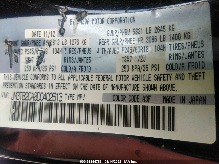 2013 MAZDA CX-9 TOURING JM3TB2CA8D0402613