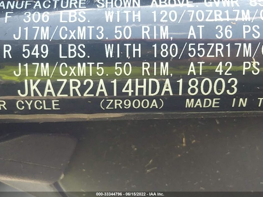 2017 KAWASAKI ZR900 JKAZR2A14HDA18003