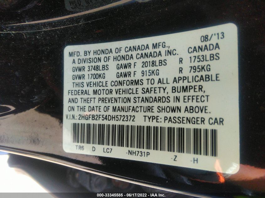 2013 HONDA CIVIC SDN LX 2HGFB2F54DH572372