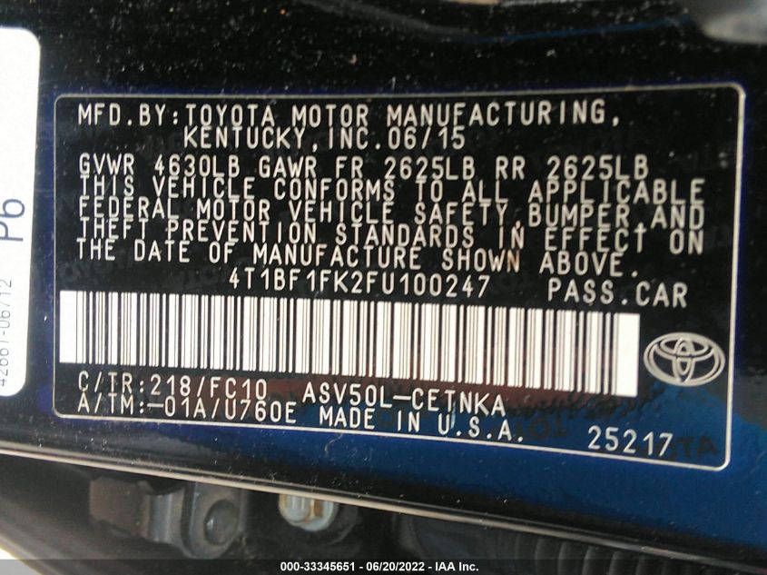 2015 TOYOTA CAMRY LE 4T1BF1FK2FU100247