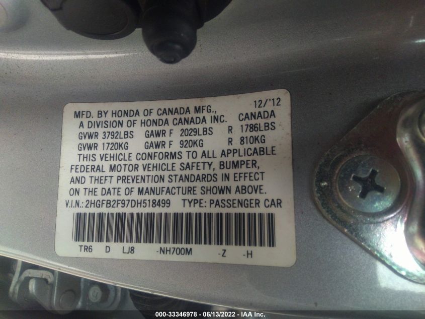 2013 HONDA CIVIC SDN EX-L 2HGFB2F97DH518499