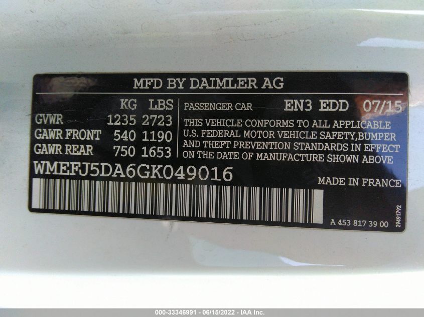 2016 SMART FORTWO PASSION/PURE/PRIME/PROXY WMEFJ5DA6GK049016