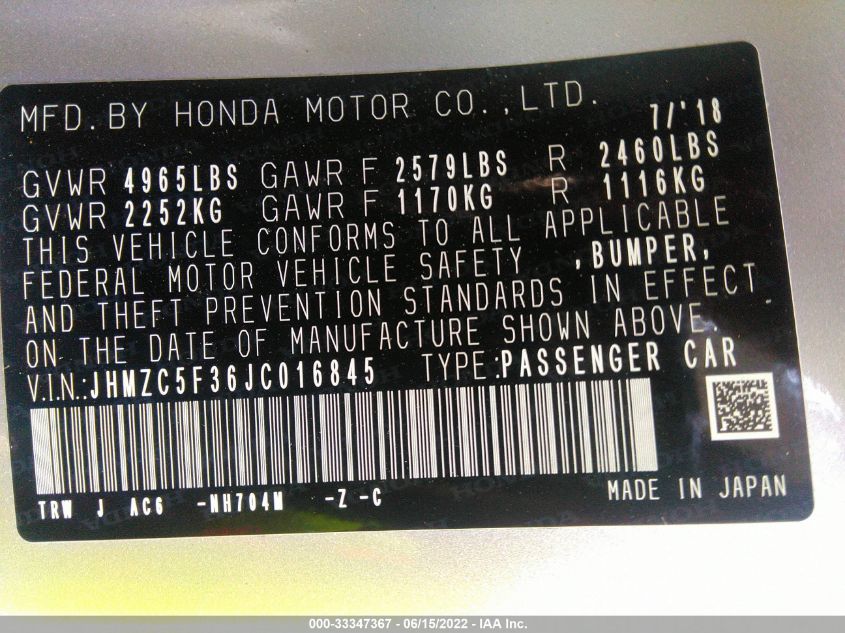 2018 HONDA CLARITY PLUG-IN HYBRID TOURING JHMZC5F36JC016845