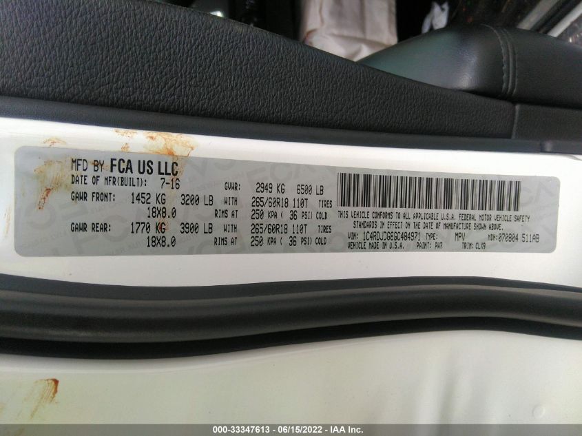 2016 DODGE DURANGO LIMITED 1C4RDJDG8GC484971
