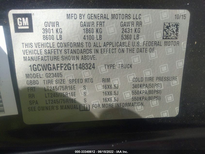 2016 CHEVROLET EXPRESS CARGO VAN 1GCWGAFF2G1148324