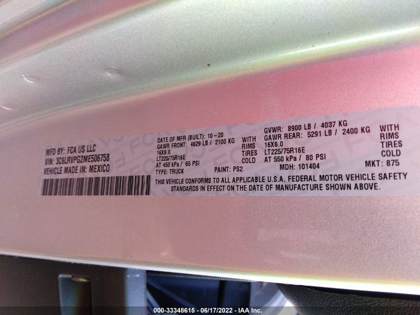 2021 RAM PROMASTER WINDOW VAN 3C6LRVPG2ME506758