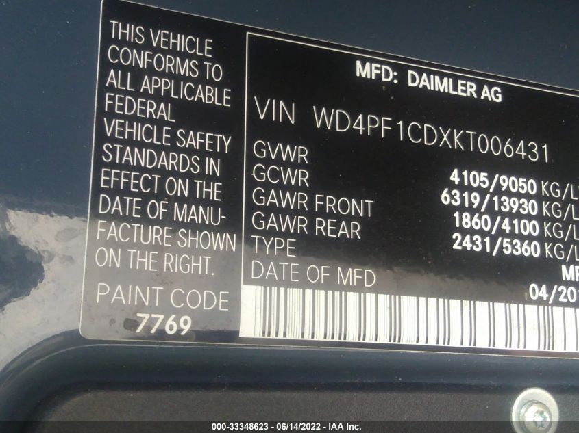 2019 MERCEDES-BENZ SPRINTER VAN WD4PF1CDXKT006431
