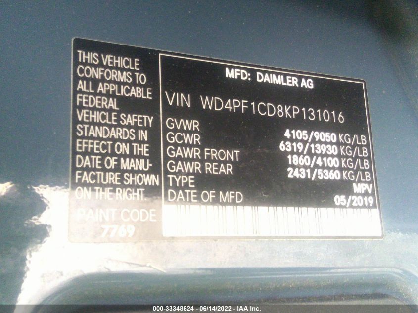 2019 MERCEDES-BENZ SPRINTER VAN WD4PF1CD8KP131016