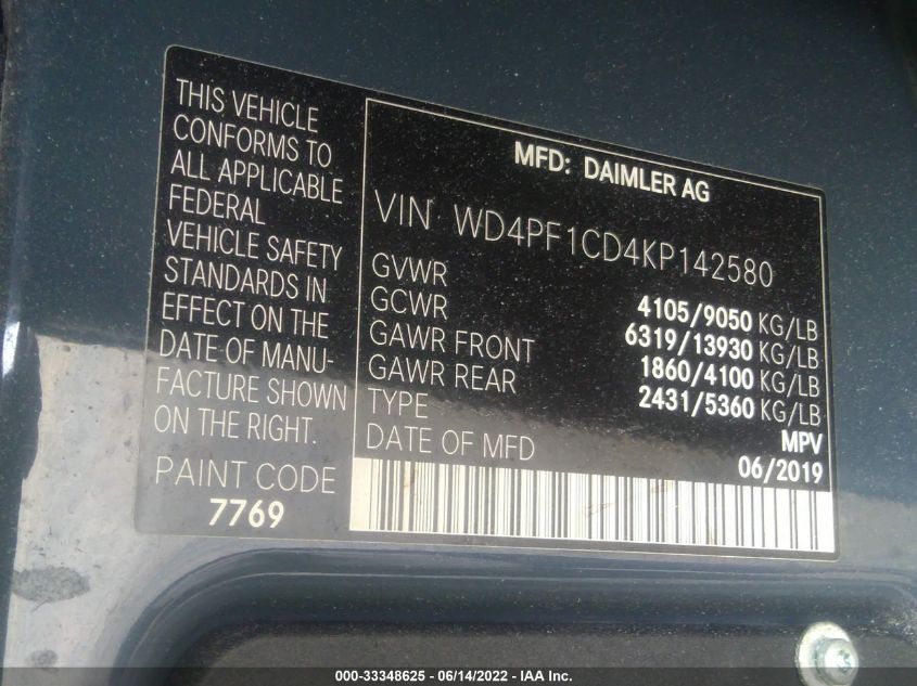 2019 MERCEDES-BENZ SPRINTER VAN WD4PF1CD4KP142580