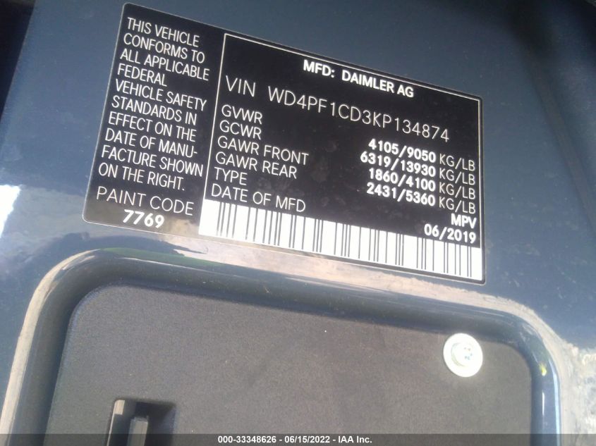 2019 MERCEDES-BENZ SPRINTER VAN WD4PF1CD3KP134874