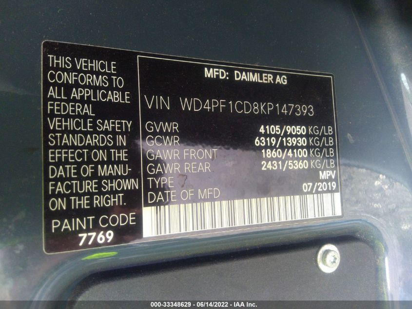 2019 MERCEDES-BENZ SPRINTER VAN WD4PF1CD8KP147393
