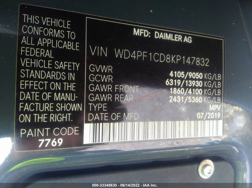 2019 MERCEDES-BENZ SPRINTER VAN WD4PF1CD8KP147832