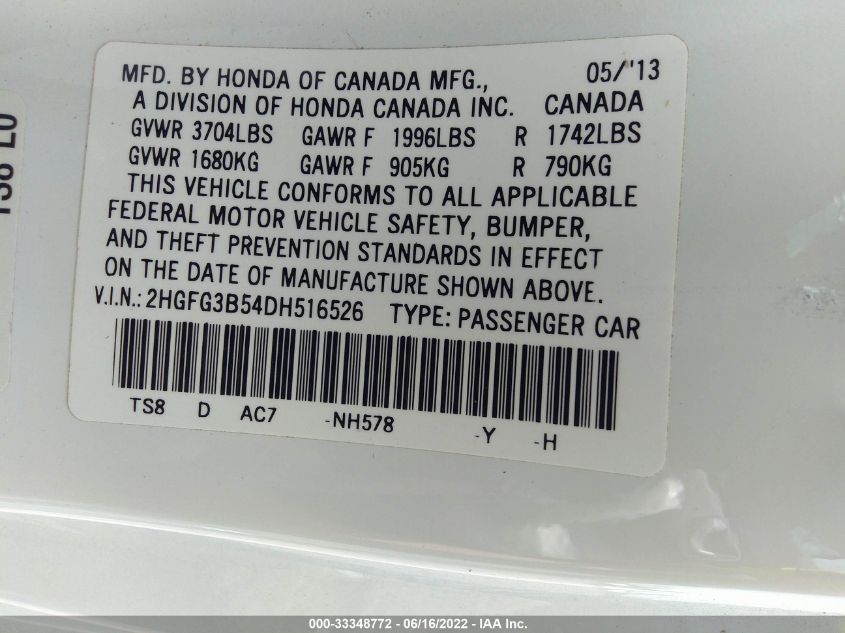 2013 HONDA CIVIC CPE LX 2HGFG3B54DH516526