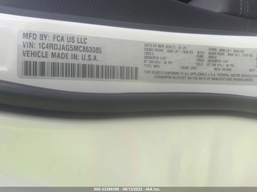 2021 DODGE DURANGO SXT PLUS 1C4RDJAG5MC863085