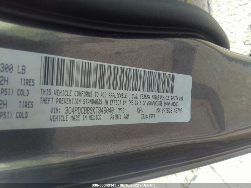 VIN 3C4PDCBB9KT846040 2019 DODGE JOURNEY SE