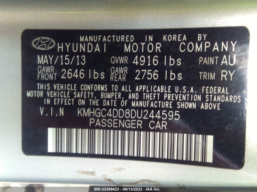 2013 HYUNDAI GENESIS 3.8L KMHGC4DD8DU244595