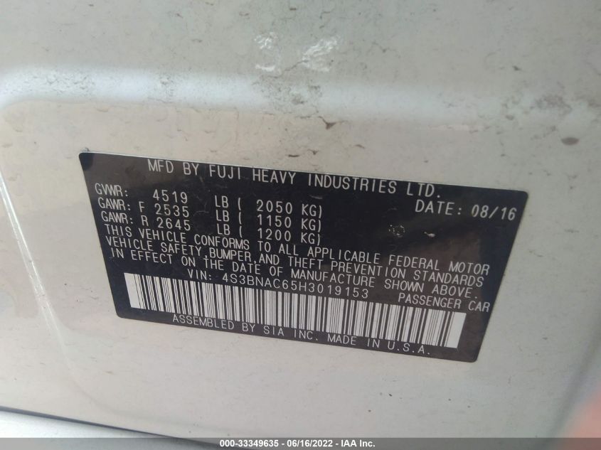 2017 SUBARU LEGACY PREMIUM 4S3BNAC65H3019153