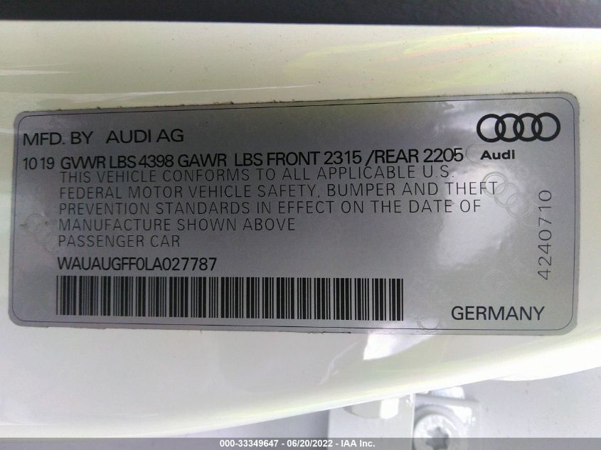2020 AUDI A3 SEDAN PREMIUM WAUAUGFF0LA027787