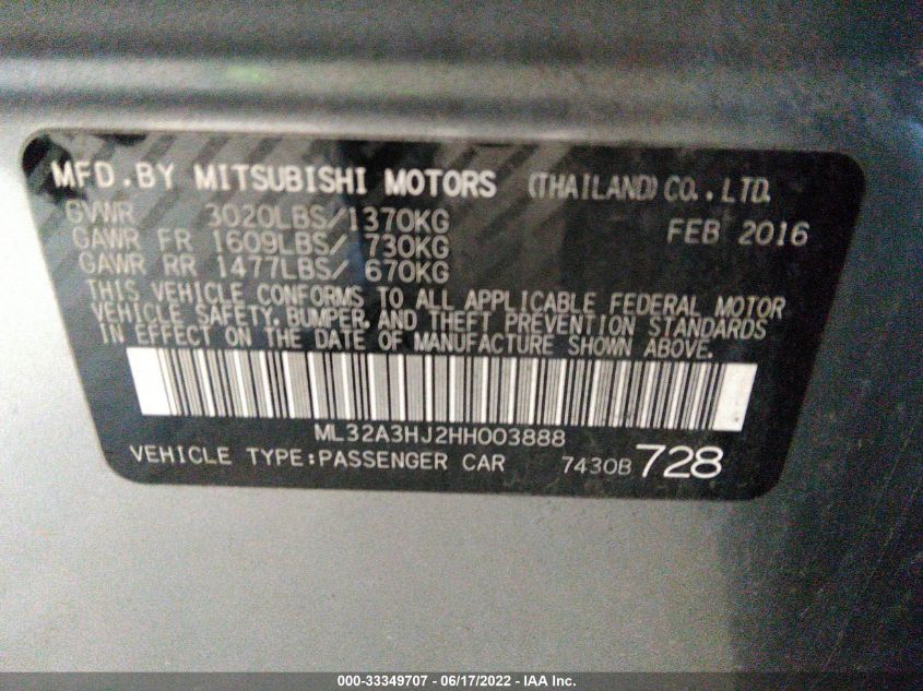 2017 MITSUBISHI MIRAGE ES ML32A3HJ2HH003888