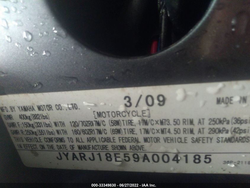 2009 YAMAHA FZ6 R JYARJ18E59A004185