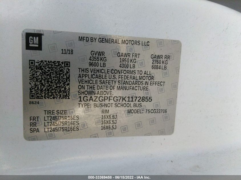 2019 CHEVROLET EXPRESS PASSENGER LT 1GAZGPFG7K1172855