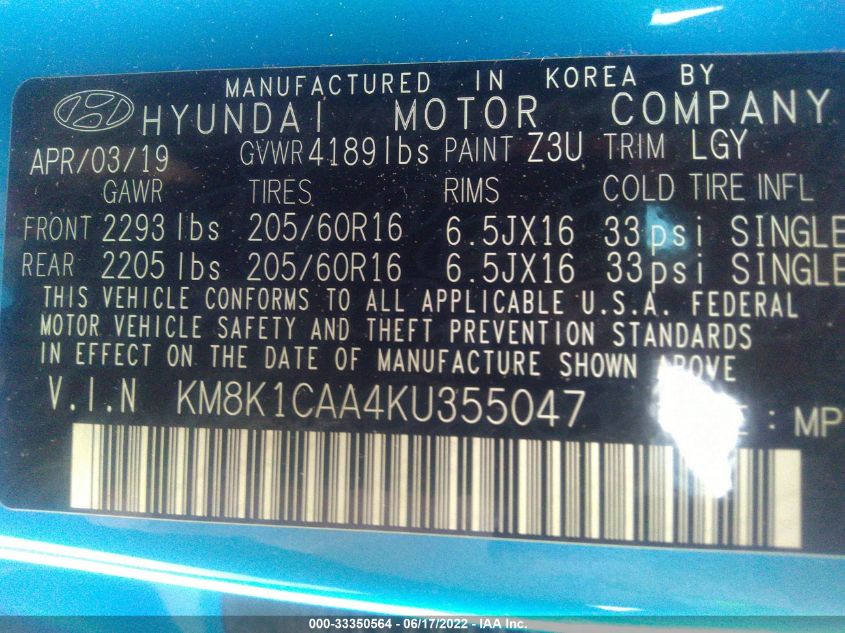 2019 HYUNDAI KONA SE KM8K1CAA4KU355047