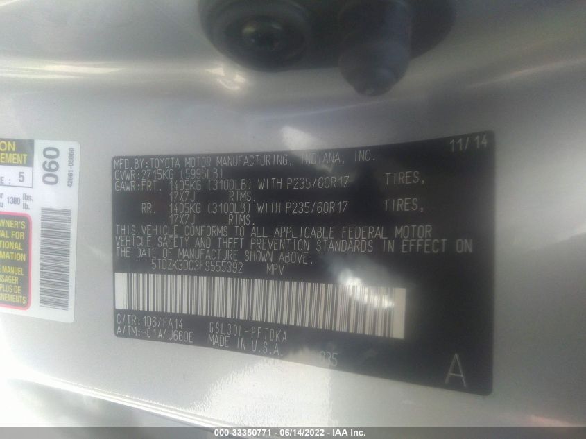 2015 TOYOTA SIENNA L - 5TDZK3DC3FS555392